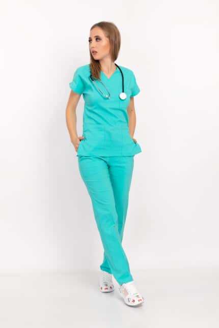 Mint Yeşili Likralı Unisex Doktor Hemşire Hastane Scrubs Üniforma Takımı