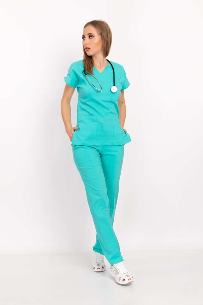 Mint Yeşili Likralı Unisex Doktor Hemşire Hastane Scrubs Üniforma Takımı