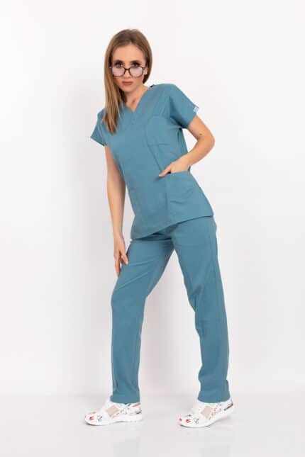 Cool Petrol Mavi Likralı Unisex Doktor Hemşire Hastane Scrubs Üniforma Takımı